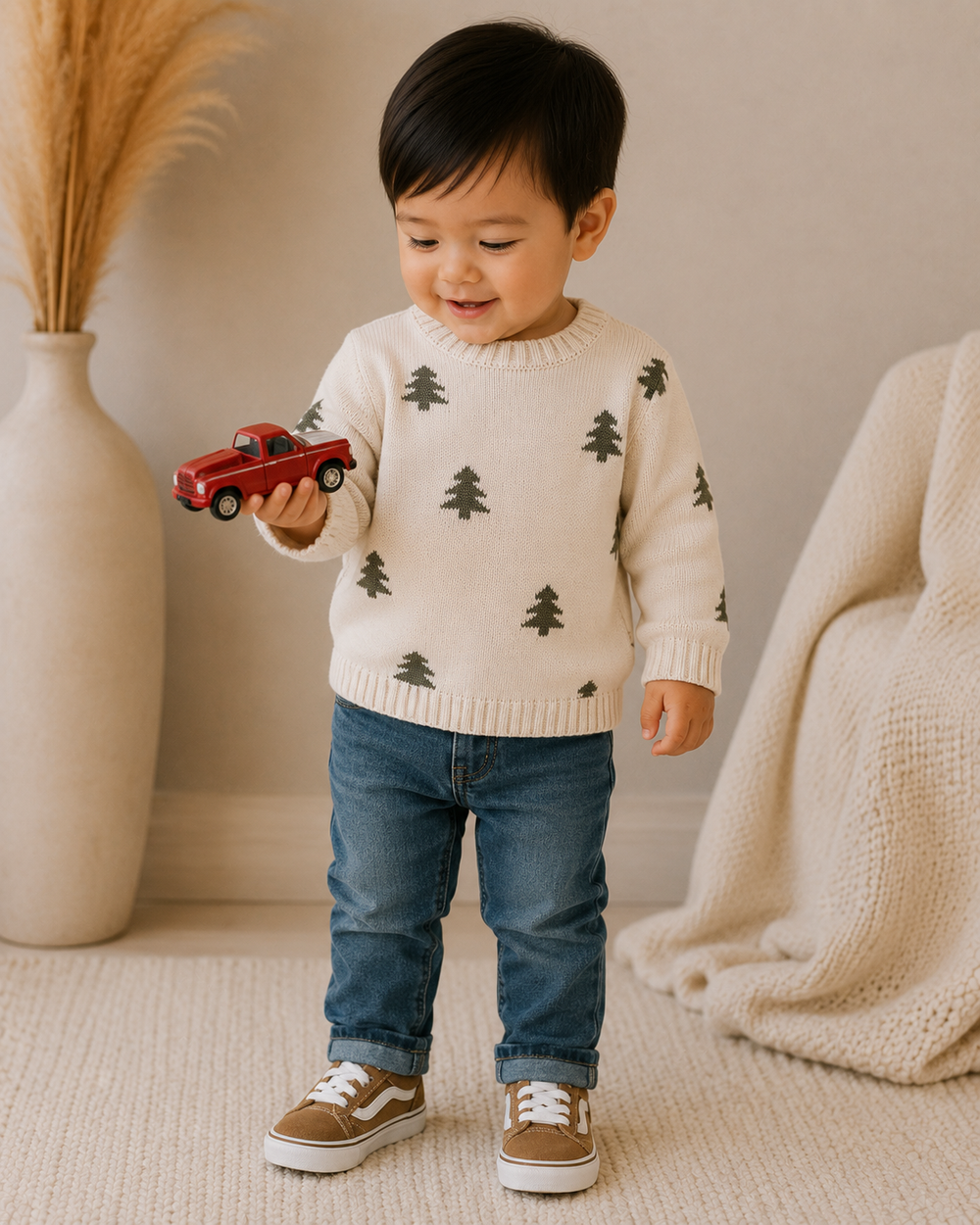 A toddler standing indoors wearing a cream knit sweater with dark green pine tree prints, blue jeans, and brown sneakers, while holding a small red toy truck. A beige vase with dried grass and a cream knit blanket are visible in the softly lit room.