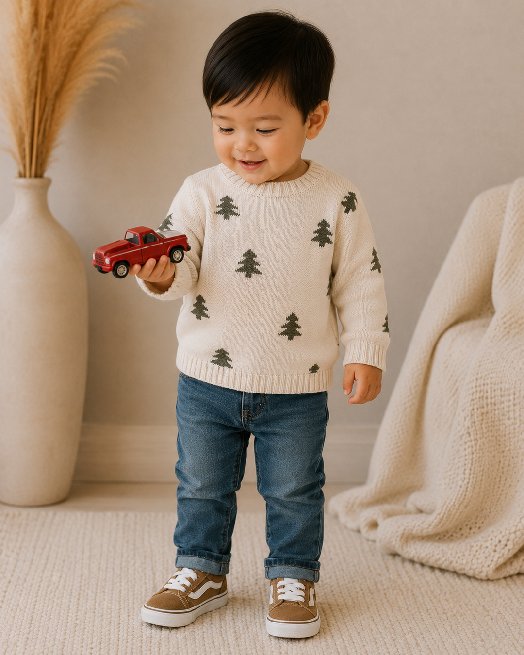 A toddler standing indoors wearing a cream knit sweater with dark green pine tree prints, blue jeans, and brown sneakers, while holding a small red toy truck. A beige vase with dried grass and a cream knit blanket are visible in the softly lit room.