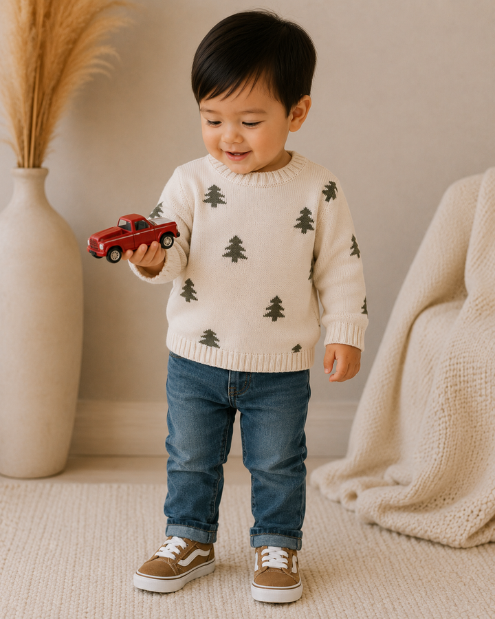 A toddler standing indoors wearing a cream knit sweater with dark green pine tree prints, blue jeans, and brown sneakers, while holding a small red toy truck. A beige vase with dried grass and a cream knit blanket are visible in the softly lit room.