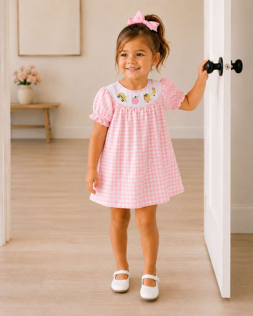 Pink gingham smocked toddler dress with short flutter sleeves and colorful novelty appliques