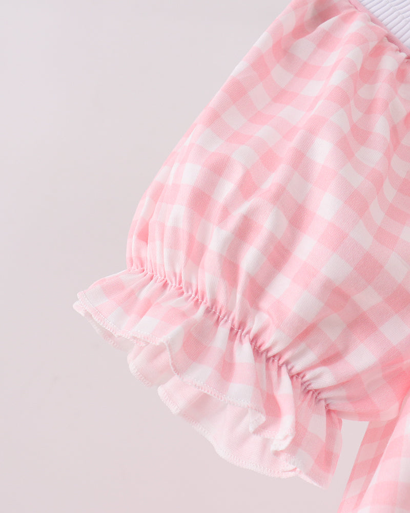 Pink gingham toddler dress with gathered ruffle sleeve hem