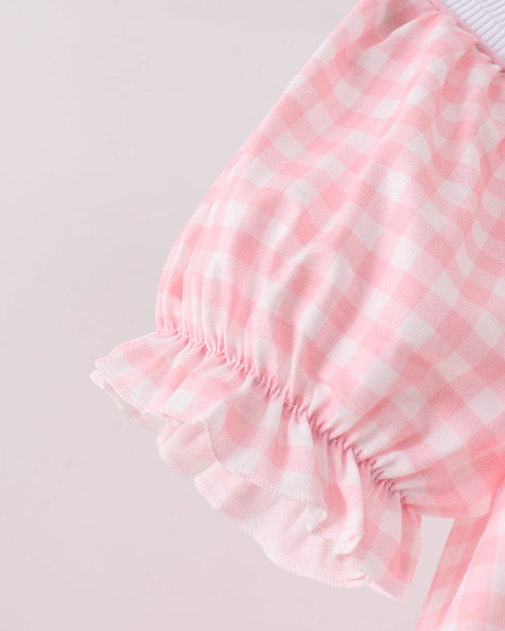Pink gingham toddler dress with gathered ruffle sleeve hem