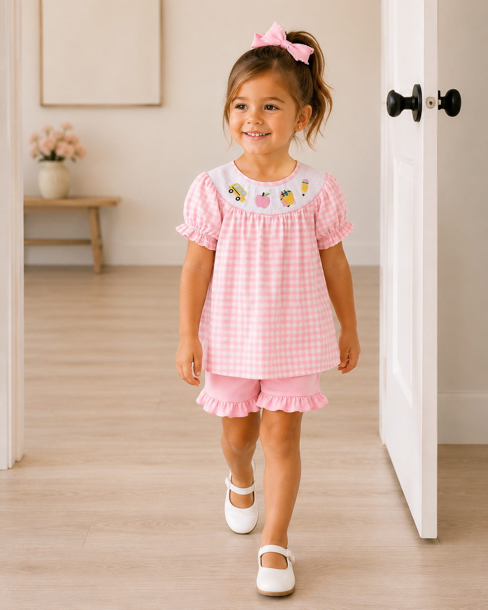 Pink gingham girl outfit set: smocked ruffle dress with matching ruffle hem shorts
