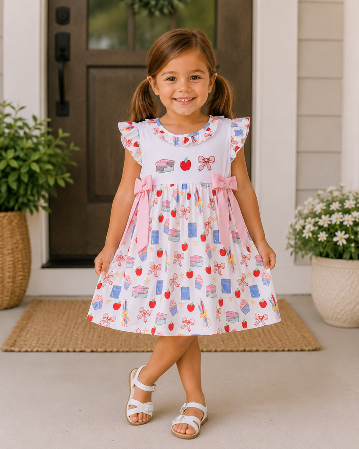 Young girl in a patterned dress standing on a porch