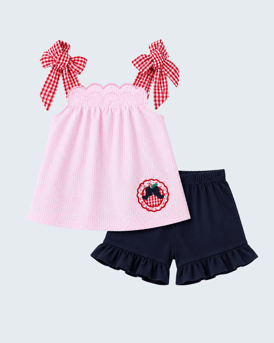 Pink Apple Gingham Shorts Set on light grey background