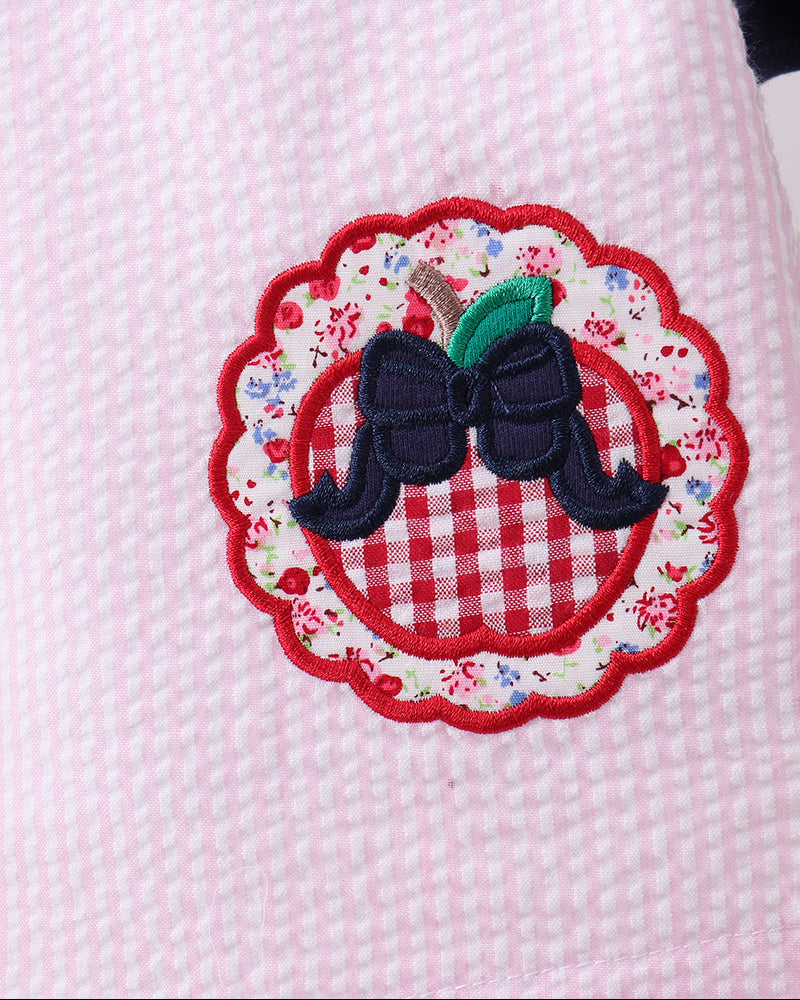 Close up of embroidery on pink gingham fabric