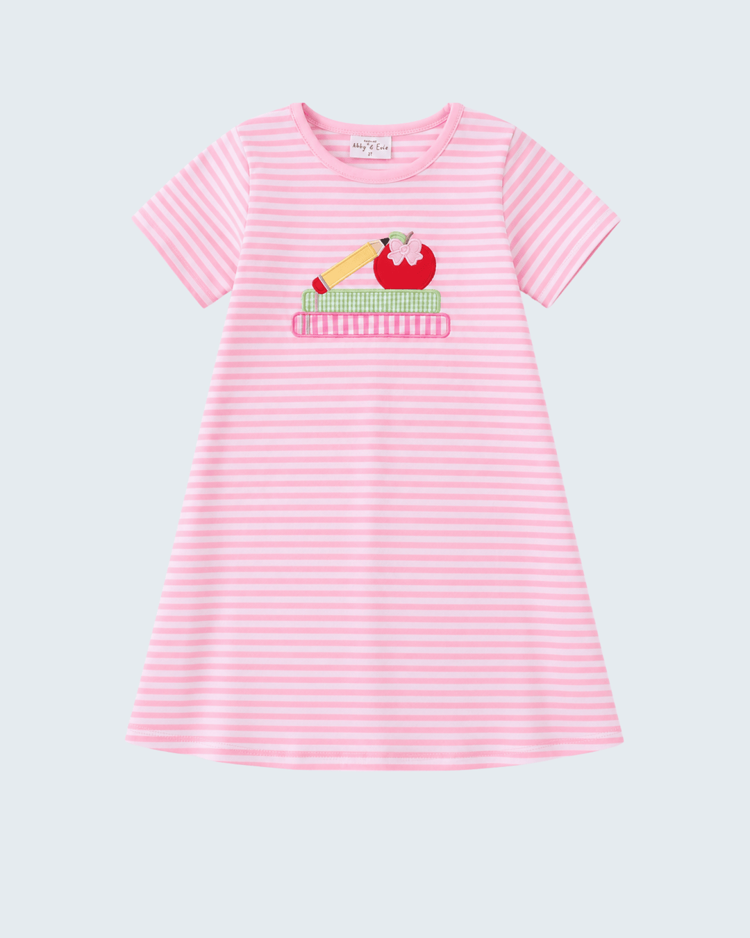 Pink Apple Pencil Embroidered Dress on light grey background