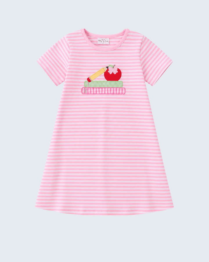 Pink Apple Pencil Embroidered Dress on light grey background