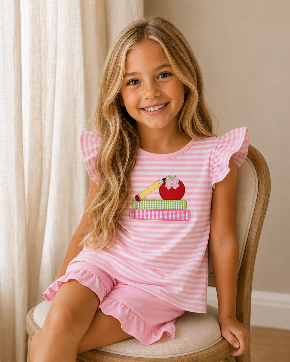 Young girl sitting on a wooden chair by linen curtain.