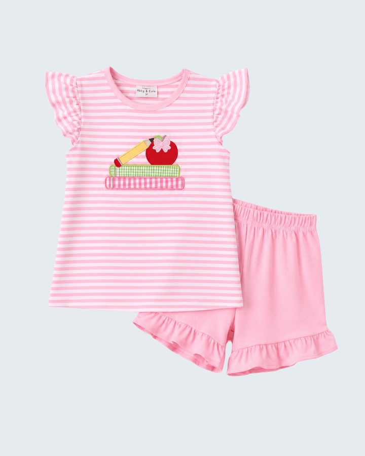 Pink Apple Pencil Embroidery Short Set on light grey background