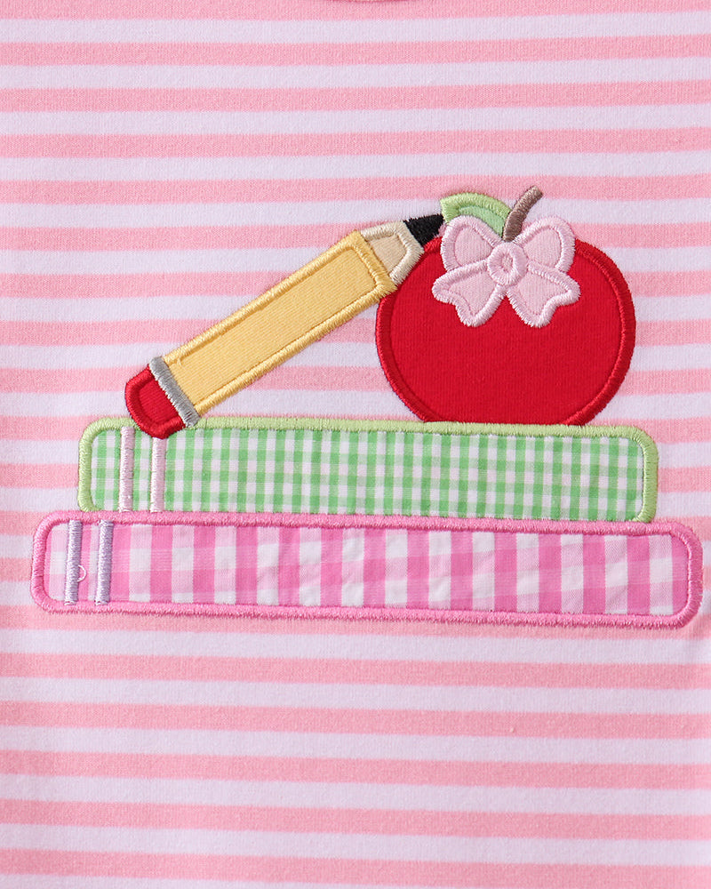 Pencil, apple embroidery on pink striped dress