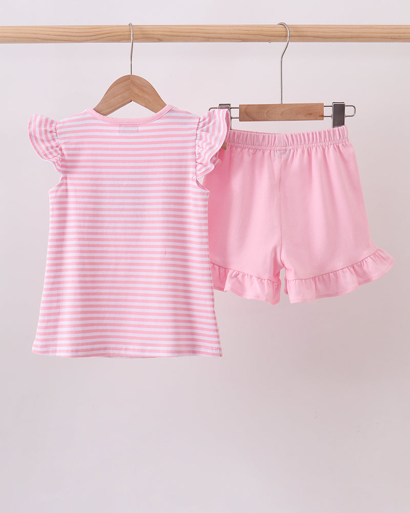 Pink Apple Pencil Embroidery Short Set on wooden hanger