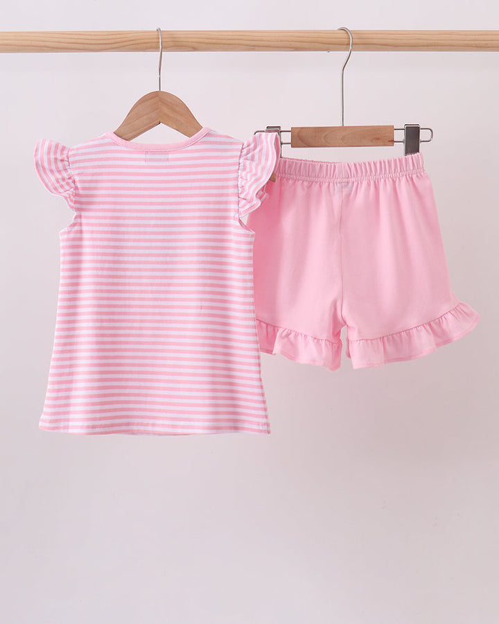 Pink Apple Pencil Embroidery Short Set on wooden hanger