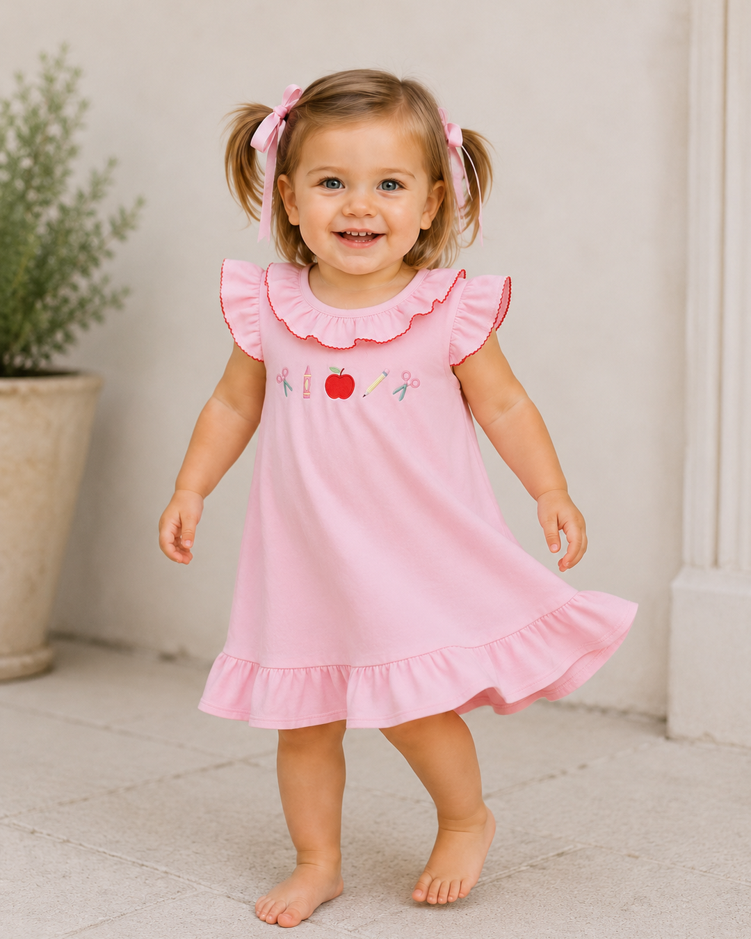 Toddler girl is wearing a pink dress. Neutral outdoor setting