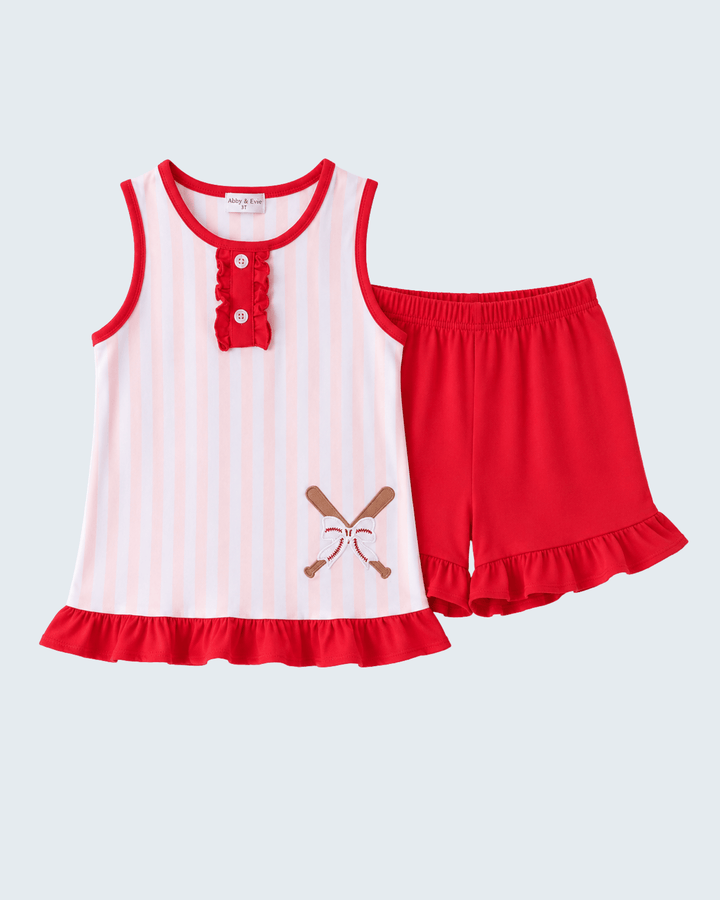 Pink Baseball Bow Stripe Ruffle Shorts Set