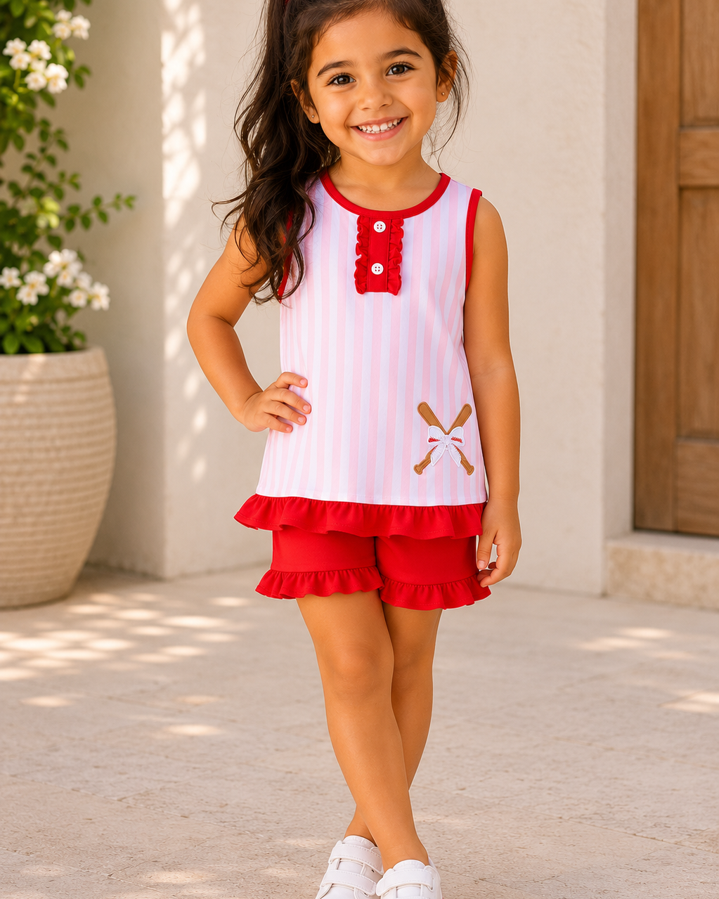 Young girl in a red and white outfit standing outdoors.