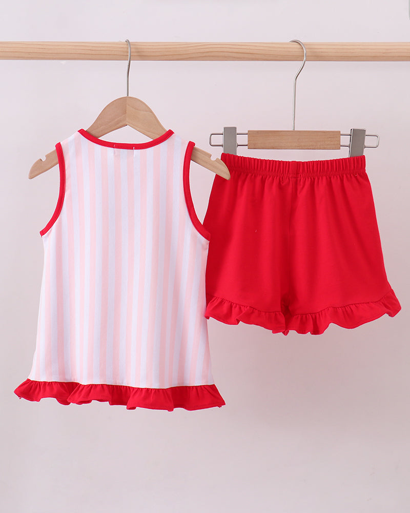 Pink Baseball Bow Stripe Ruffle Shorts Set