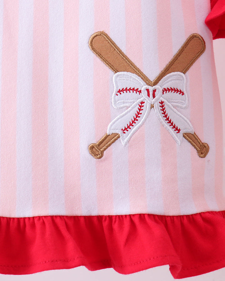 Pink Baseball Bow Stripe Ruffle Shorts Set