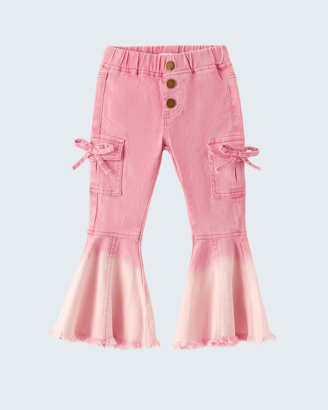 Pink bell-bottom jeans with ribbon-tie cargo pockets