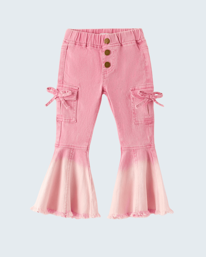 Pink bell-bottom jeans with ribbon-tie cargo pockets