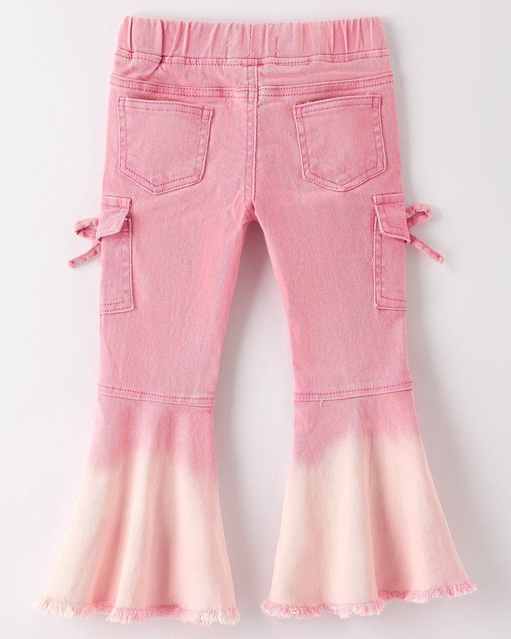 Light pink flare-leg jeans with cargo pockets, stitched seams, and button waistband