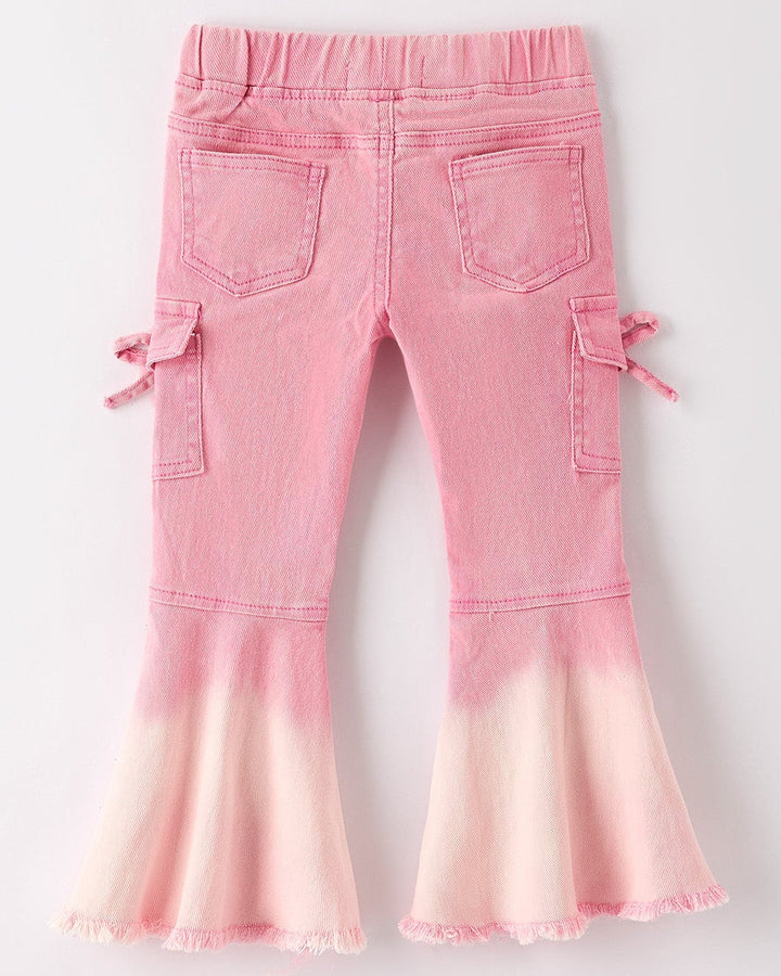 Light pink flare-leg jeans with cargo pockets, stitched seams, and button waistband