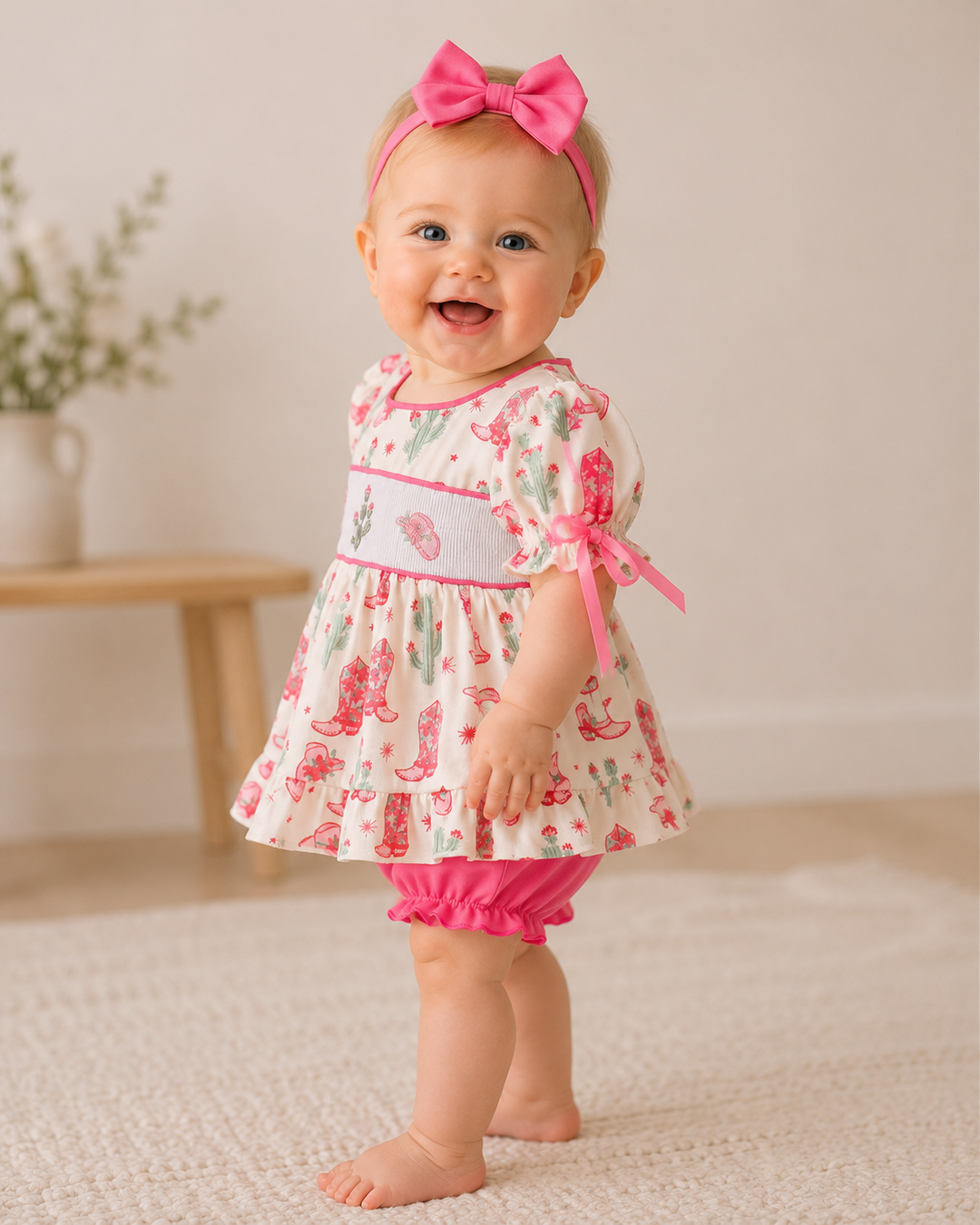 Baby wearing a floral dress with pink accents and a matching headband, standing on a light-colored floor.
