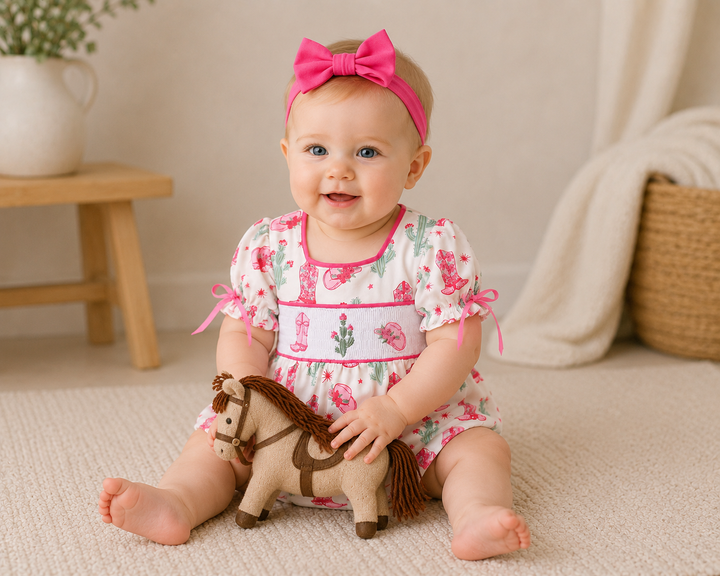 Baby girl in a floral outfit with a pink bow, holding a toy horse, sitting on a beige carpet.