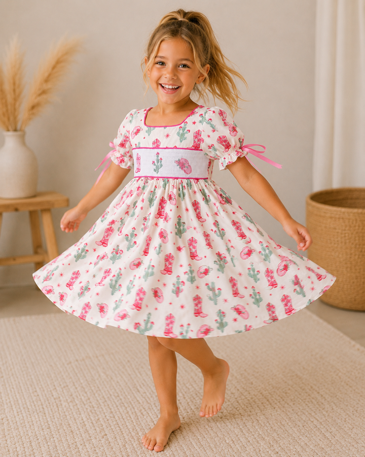 Young girl wearing a floral dress with cactus design indoors.