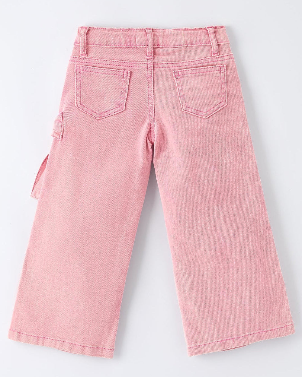 Pink denim pants with back patch pockets and a straight-leg fit