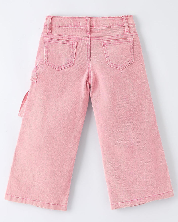 Pink denim pants with back patch pockets and a straight-leg fit