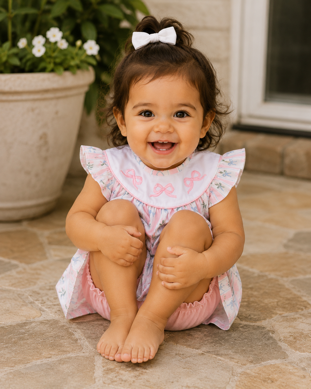 Child wearing a pink floral dress sitting on a stone patio.