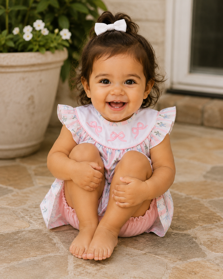 Child wearing a pink floral dress sitting on a stone patio.