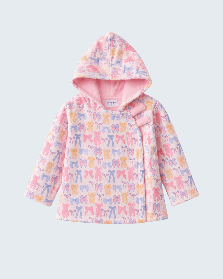 Pink bow-pattern fleece hoodie coat with hood and long sleeves