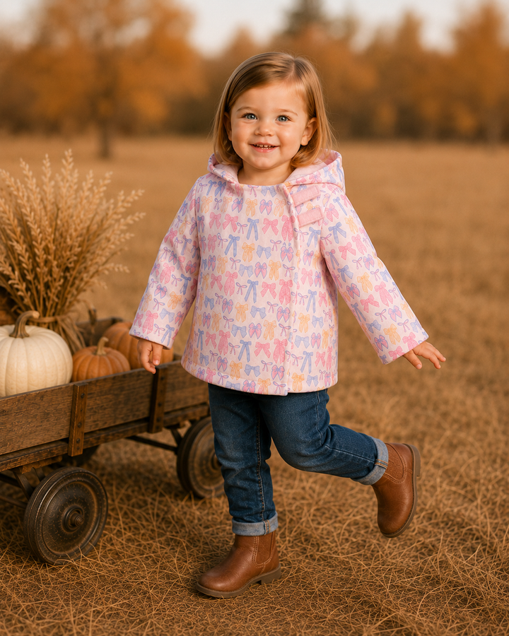 Pink bow-pattern fleece hoodie coat worn with hood and long sleeves