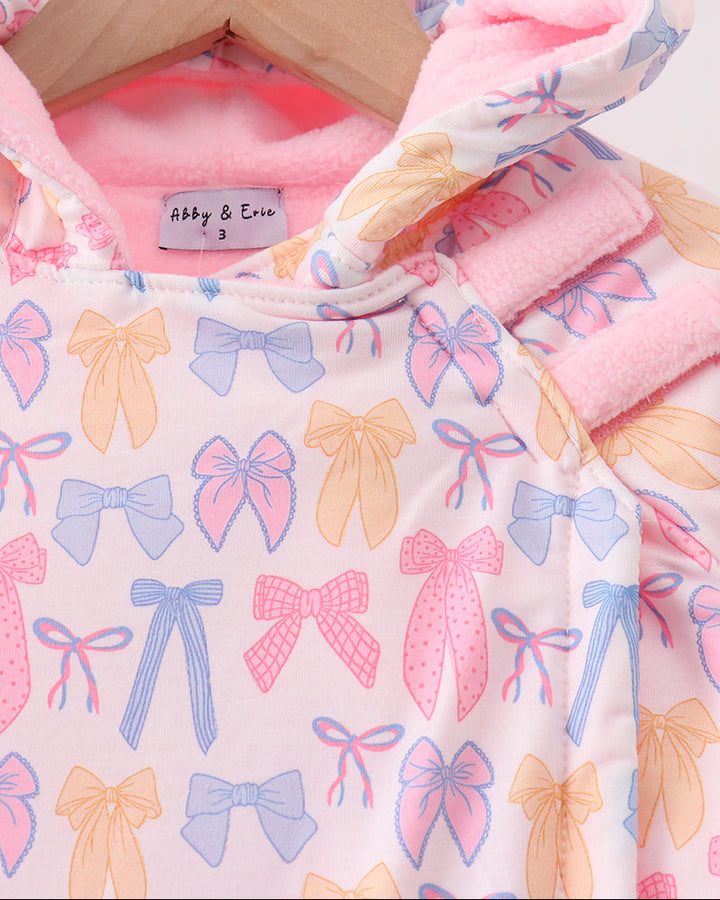 Pink bow-pattern fleece hoodie coat with sherpa-lined hood and front zipper
