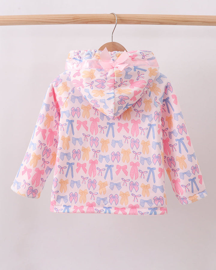 Pink bow-print fleece hoodie coat with full-zip front and hood