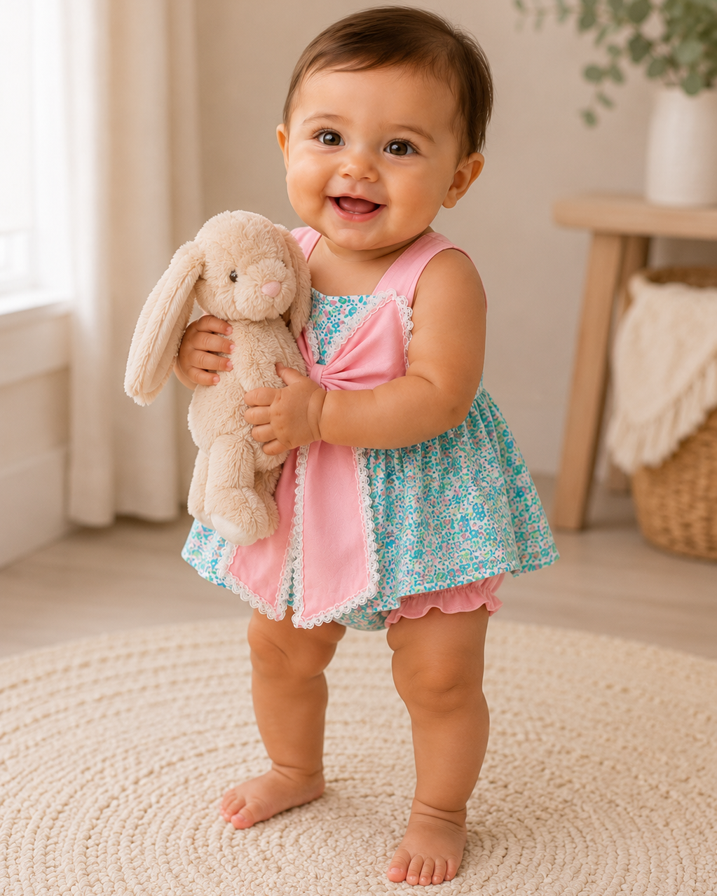 Infant girl holding a stuffed animal