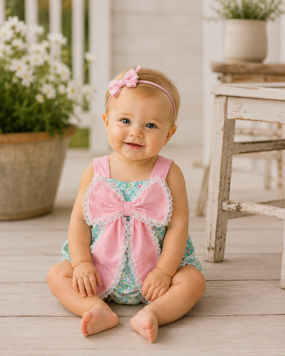 Baby sitting on a wooden floor wearing a pink and green outfit with a bow, surrounded by potted plants.