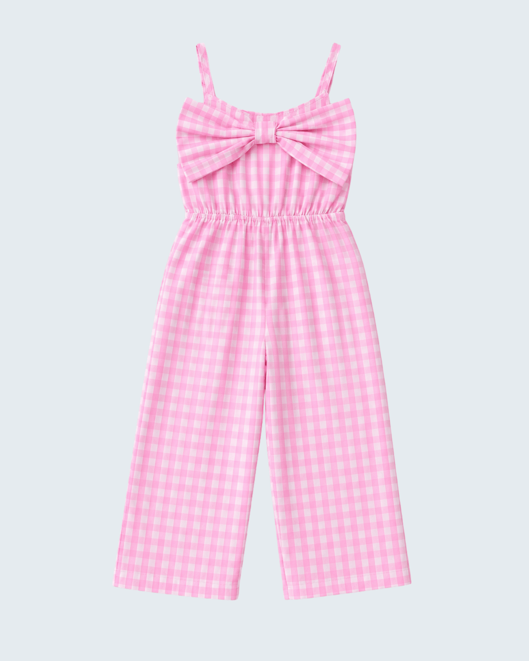 Pink gingham jumpsuit with a bow detail on a light gray background