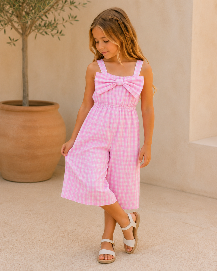 Young girl wearing a pink checkered dress with a bow detail, standing in a room with a potted plant.