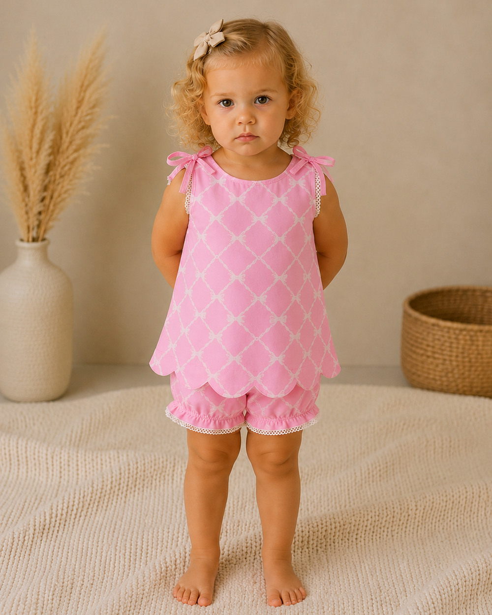 Young child wearing a pink outfit with white patterns, standing on a beige surface.