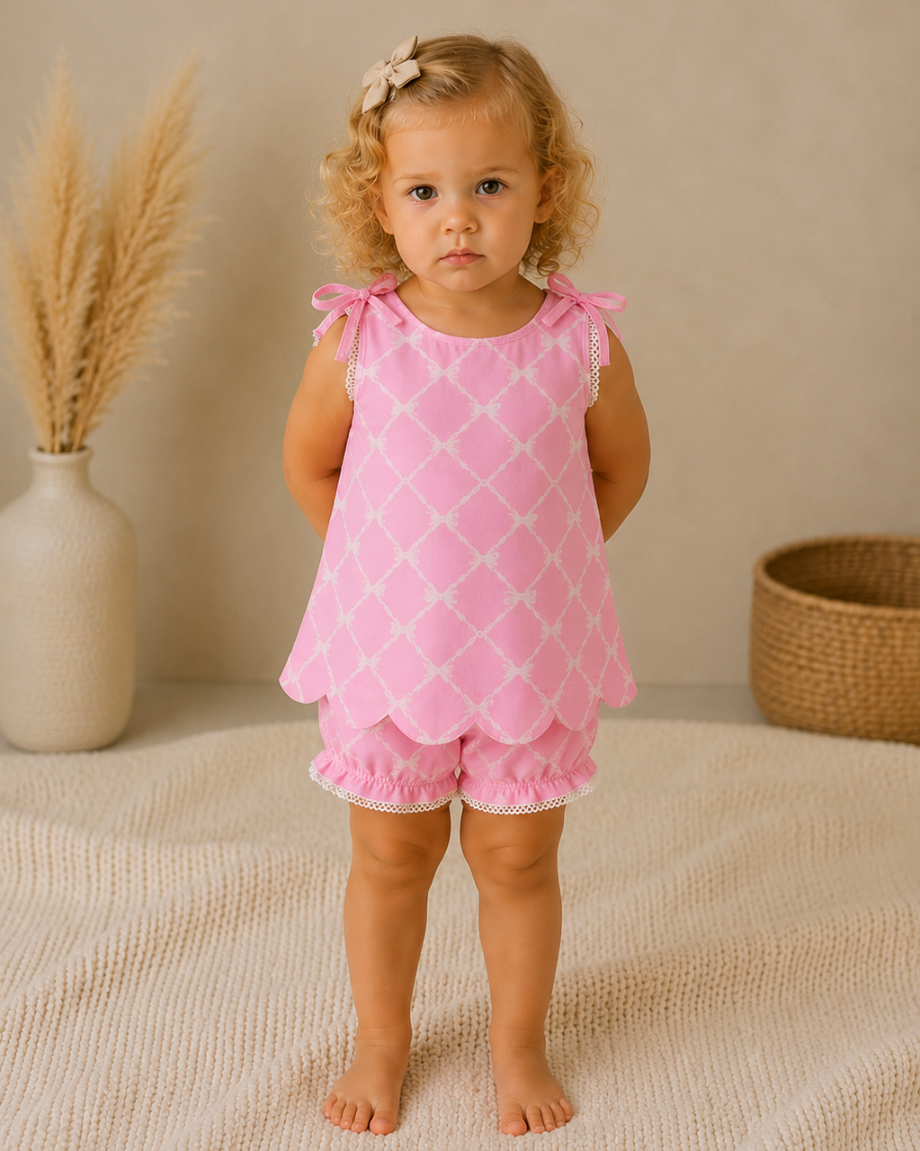 Young child wearing a pink outfit with white patterns, standing on a beige surface.