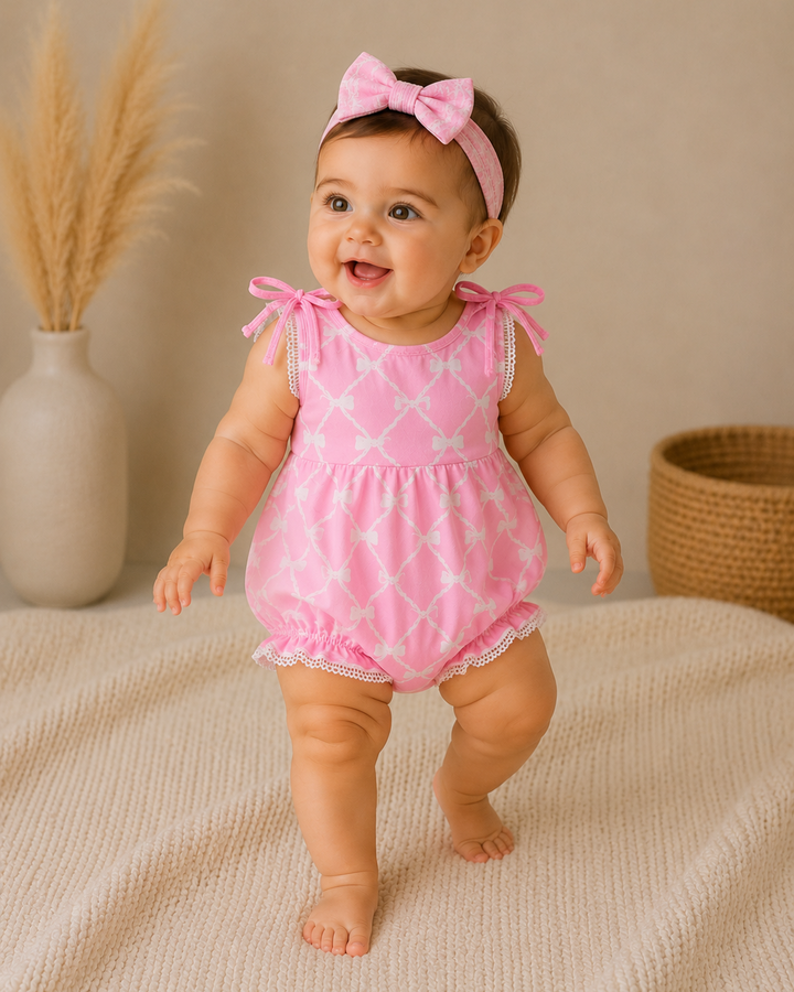 Baby in a pink outfit with white patterns standing on a beige surface.