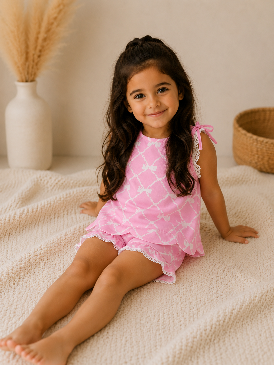 Young girl in a pink dress sitting on a bed with decorative elements in the background