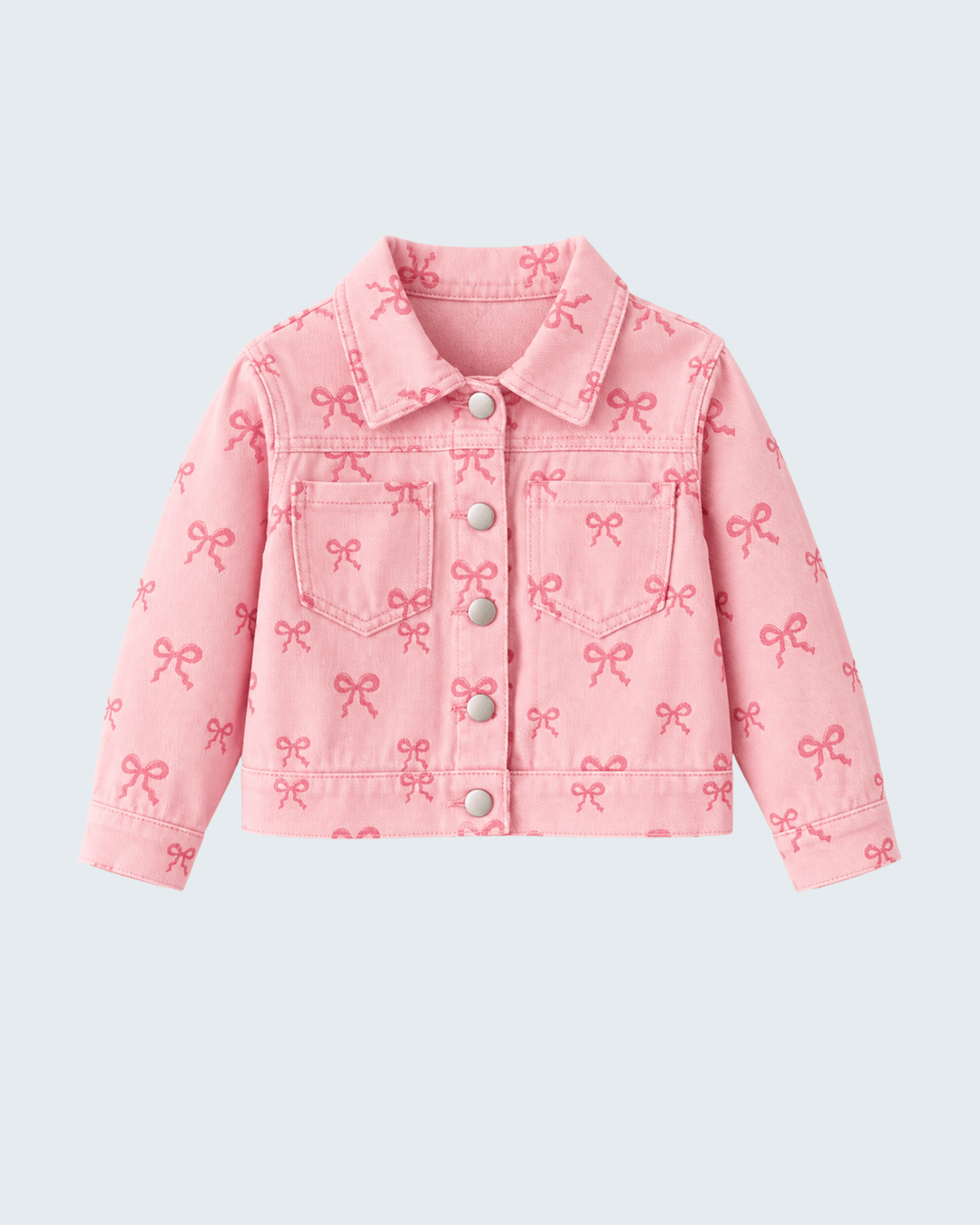 Pink bow print denim jacket with button front and pointed collar