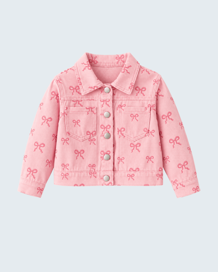 Pink bow print denim jacket with button front and pointed collar