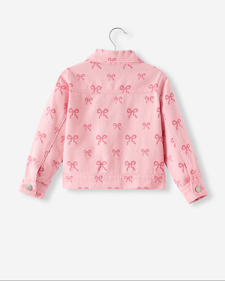 Pink girls denim jacket back on hanger with repeating bow print