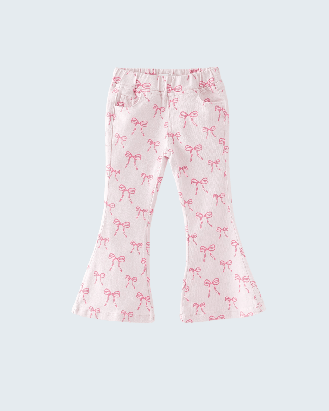 Pink bow print flare jeans with wide bell bottoms and elastic waistband