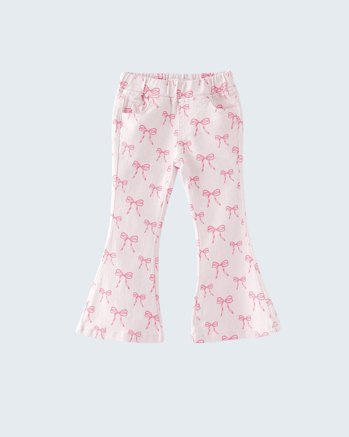 Pink bow print flare jeans with wide bell bottoms and elastic waistband